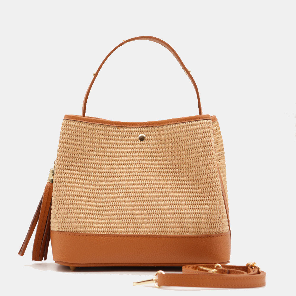 Borsa Donna Secchiello a Mano VIAVERDI in Pelle color Cuoio e Rafia Made in Italy linea Fiesole