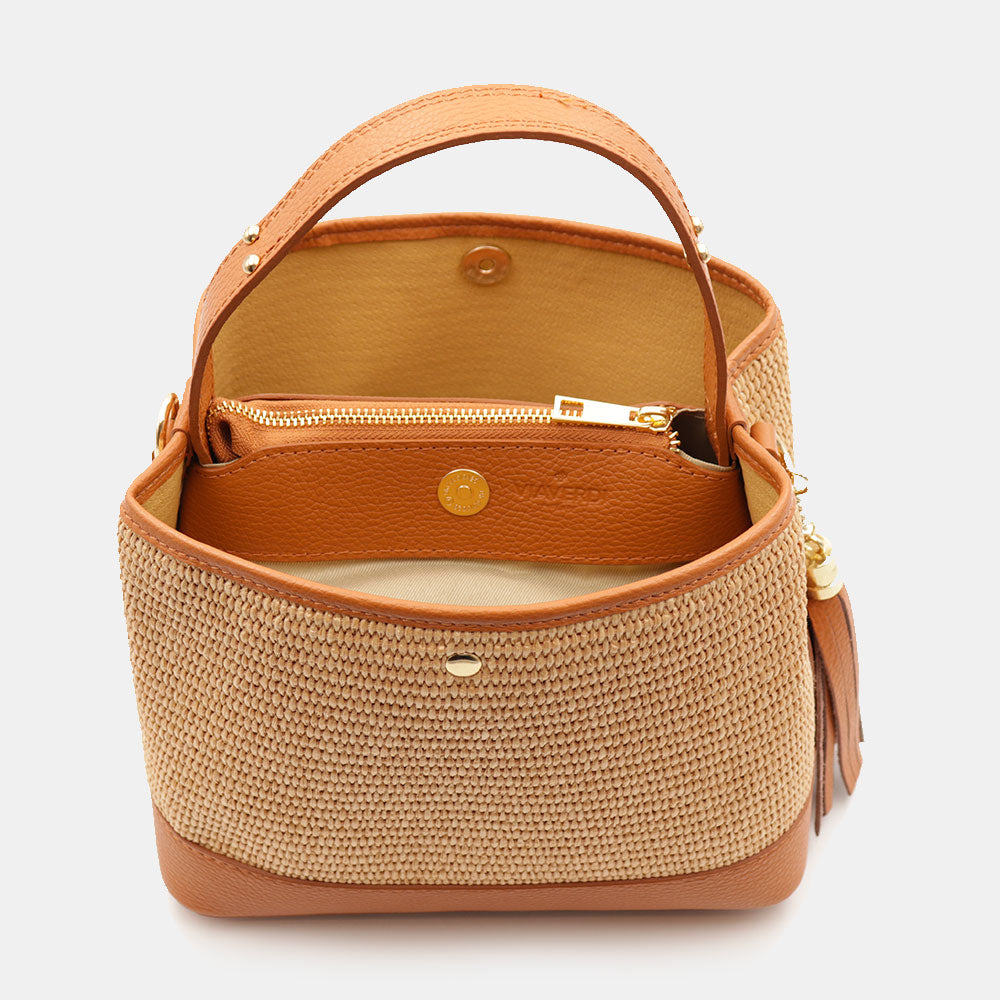 Borsa Donna Secchiello a Mano VIAVERDI in Pelle color Cuoio e Rafia Made in Italy linea Fiesole