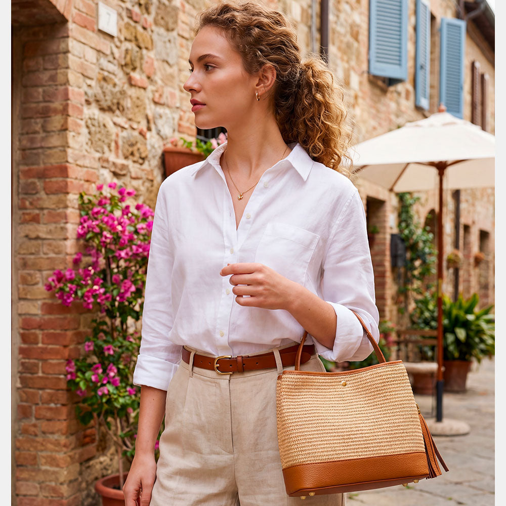 Borsa Donna Secchiello a Mano VIAVERDI in Pelle color Cuoio e Rafia Made in Italy linea Fiesole