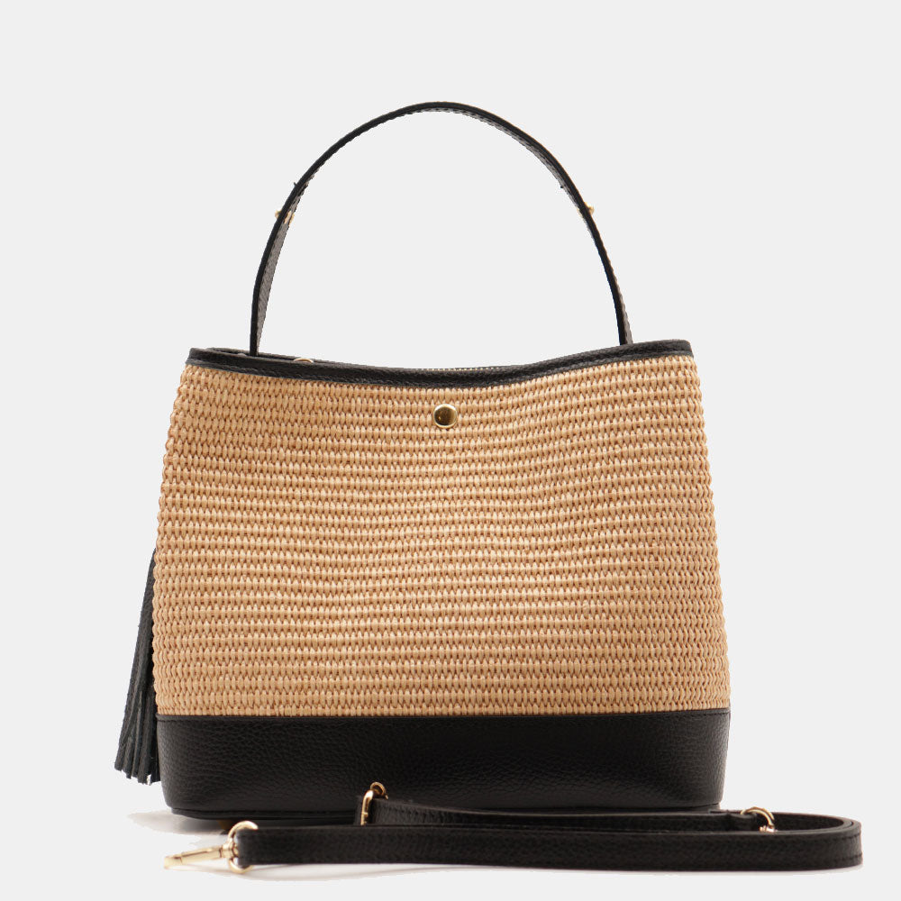 Borsa Donna Secchiello a Mano VIAVERDI in Pelle Nera e Rafia Made in Italy linea Fiesole