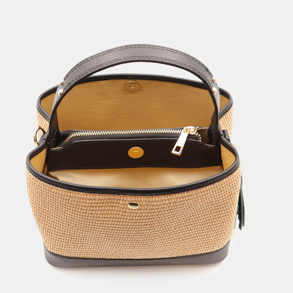 Borsa Donna Secchiello a Mano VIAVERDI in Pelle Nera e Rafia Made in Italy linea Fiesole