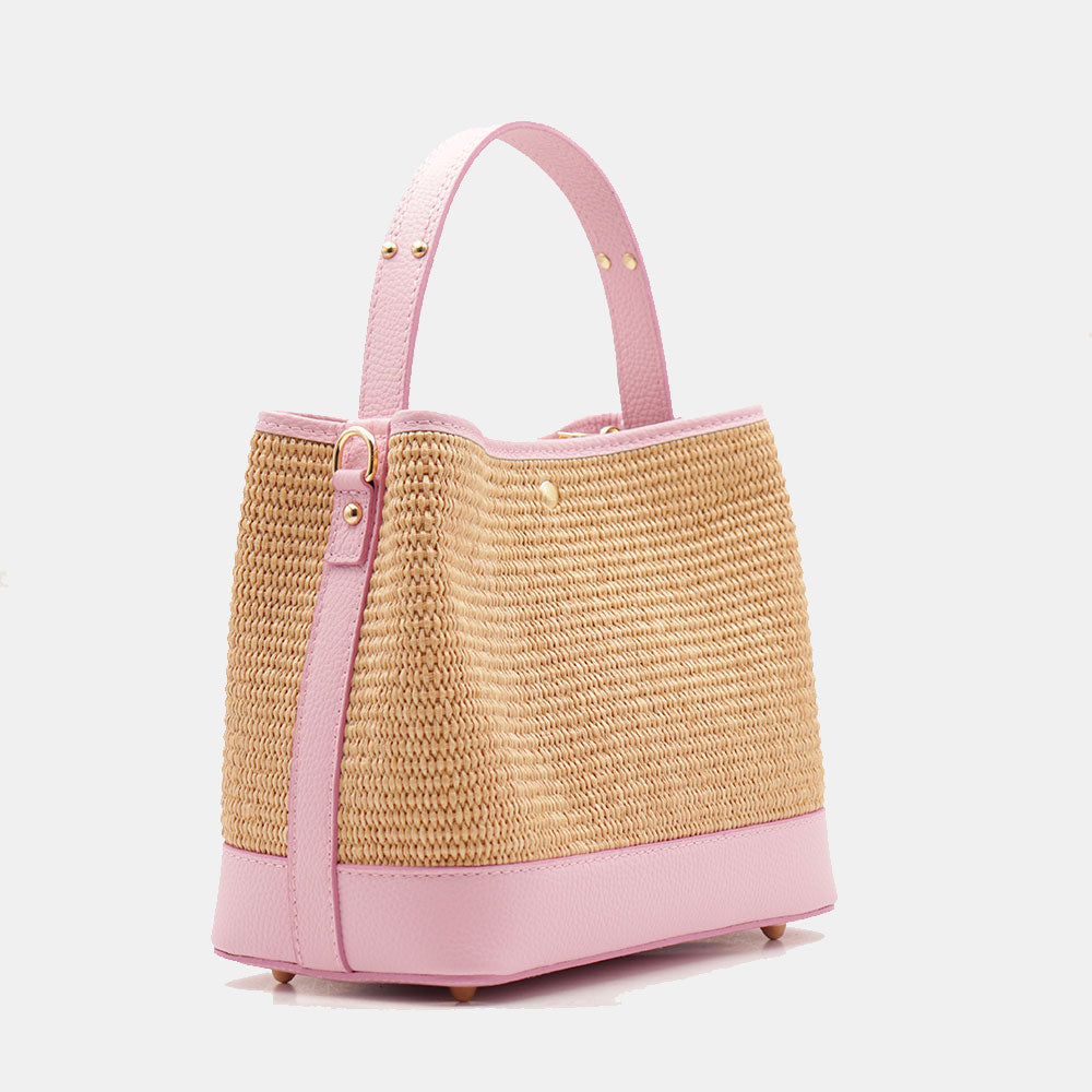 Borsa Donna Secchiello a Mano VIAVERDI in Pelle Rosa e Rafia Made in Italy linea Fiesole