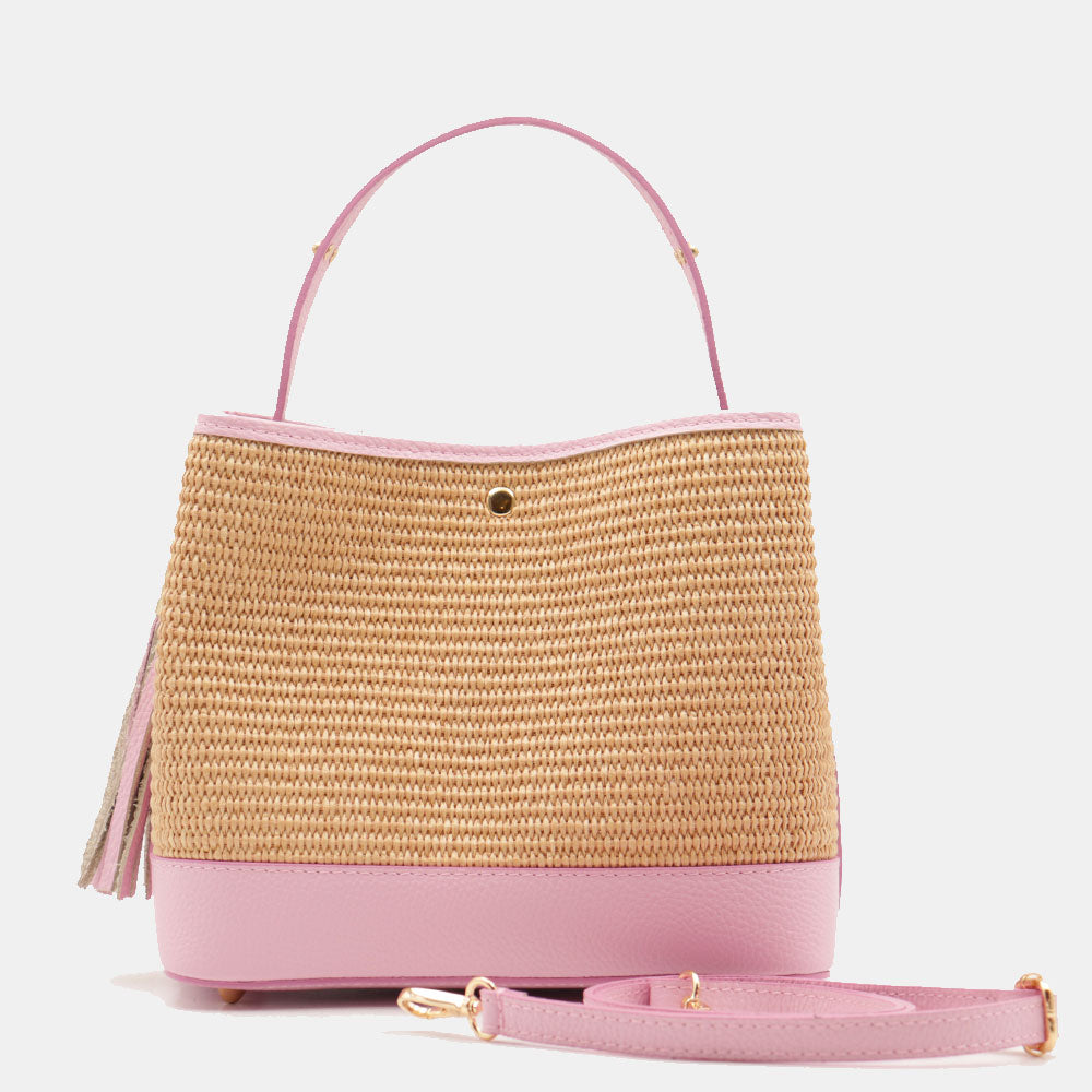 Borsa Donna Secchiello a Mano VIAVERDI in Pelle Rosa e Rafia Made in Italy linea Fiesole
