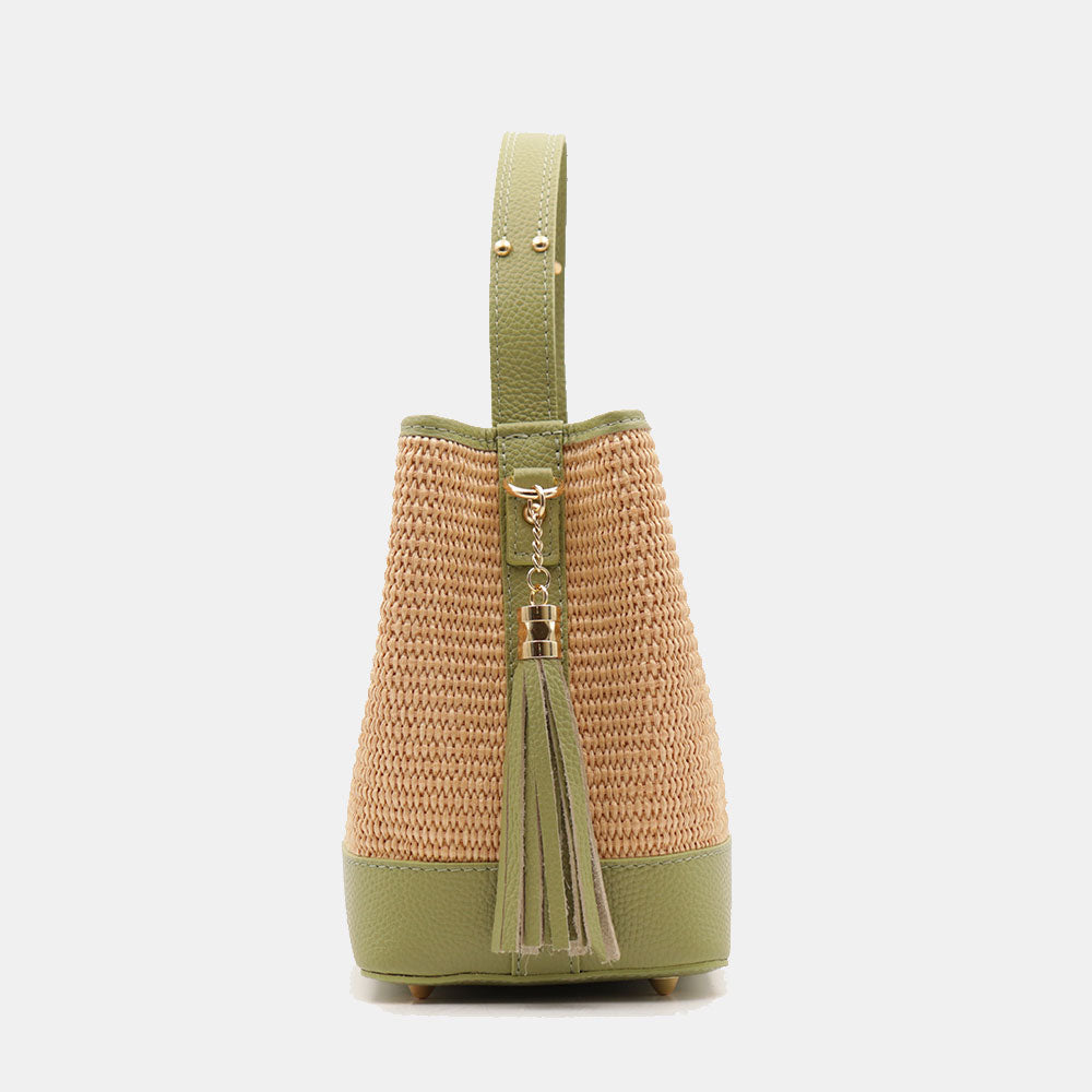 Borsa Donna Secchiello a Mano VIAVERDI in Pelle Verde e Rafia Made in Italy linea Fiesole