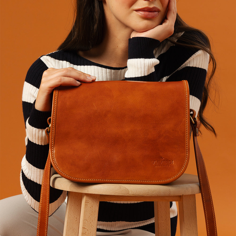 Borsa a Tracolla VIAVERDI in Pelle color Cuoio Made in Italy linea Firenze