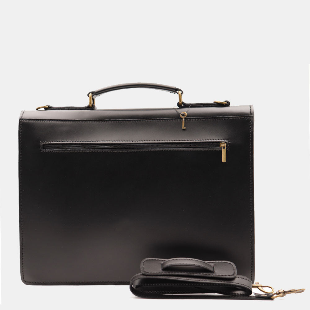 VIAVERDI Black Leather Briefcase Made in Italy - 2 Gussets for 15.6" Laptops