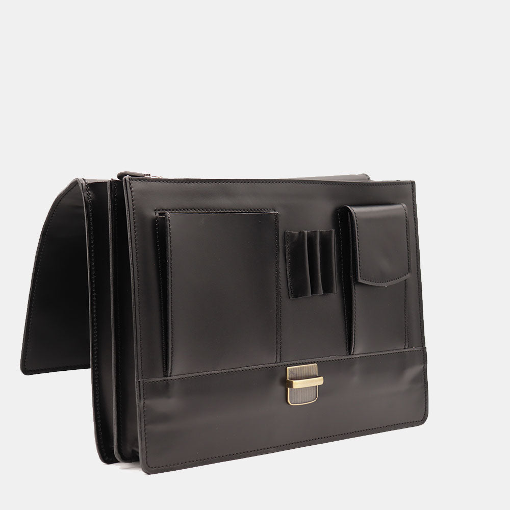 VIAVERDI Black Leather Briefcase Made in Italy - 2 Gussets for 15.6" Laptops