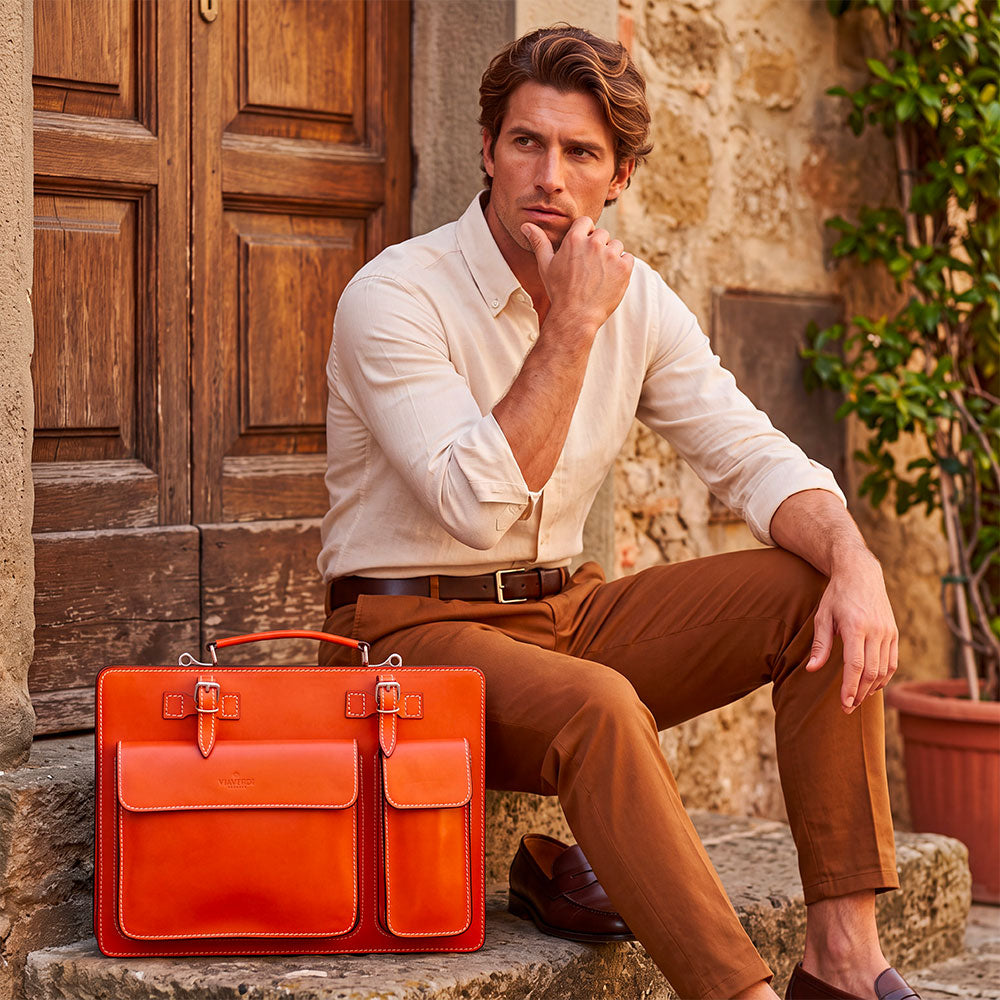 VIAVERDI Orange Leather Work Bag Made in Italy - Umbrella Holder and 15.6 Laptop