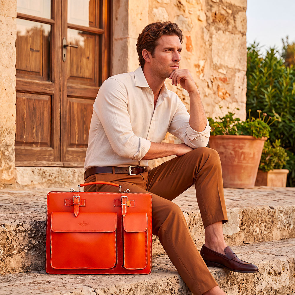 Borsa da Lavoro in Pelle Arancione VIAVERDI Made in Italy - Porta Ombrelli e Pc 15.6