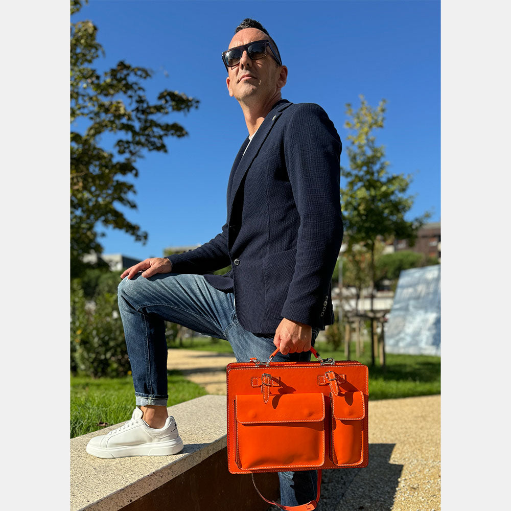 Borsa da Lavoro in Pelle Arancione VIAVERDI Made in Italy - Porta Ombrelli e Pc 15.6