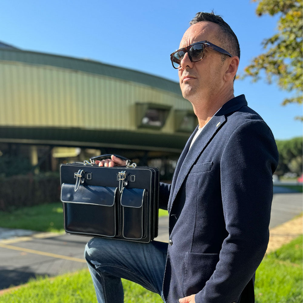 Borsa da Lavoro in Pelle Blu VIAVERDI Made in Italy - Porta Ombrelli e Pc 15.6