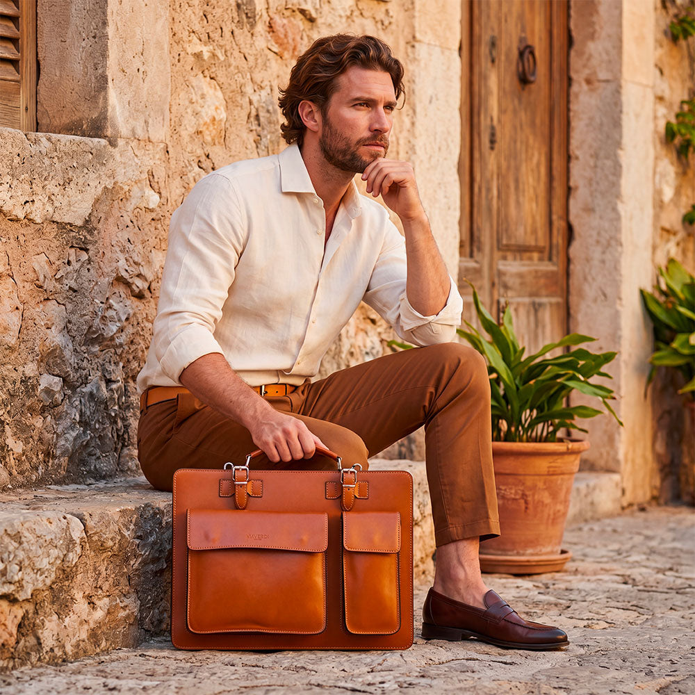 Borsa da Lavoro in Pelle color Cuoio VIAVERDI Made in Italy - Porta Ombrelli e Pc 15.6