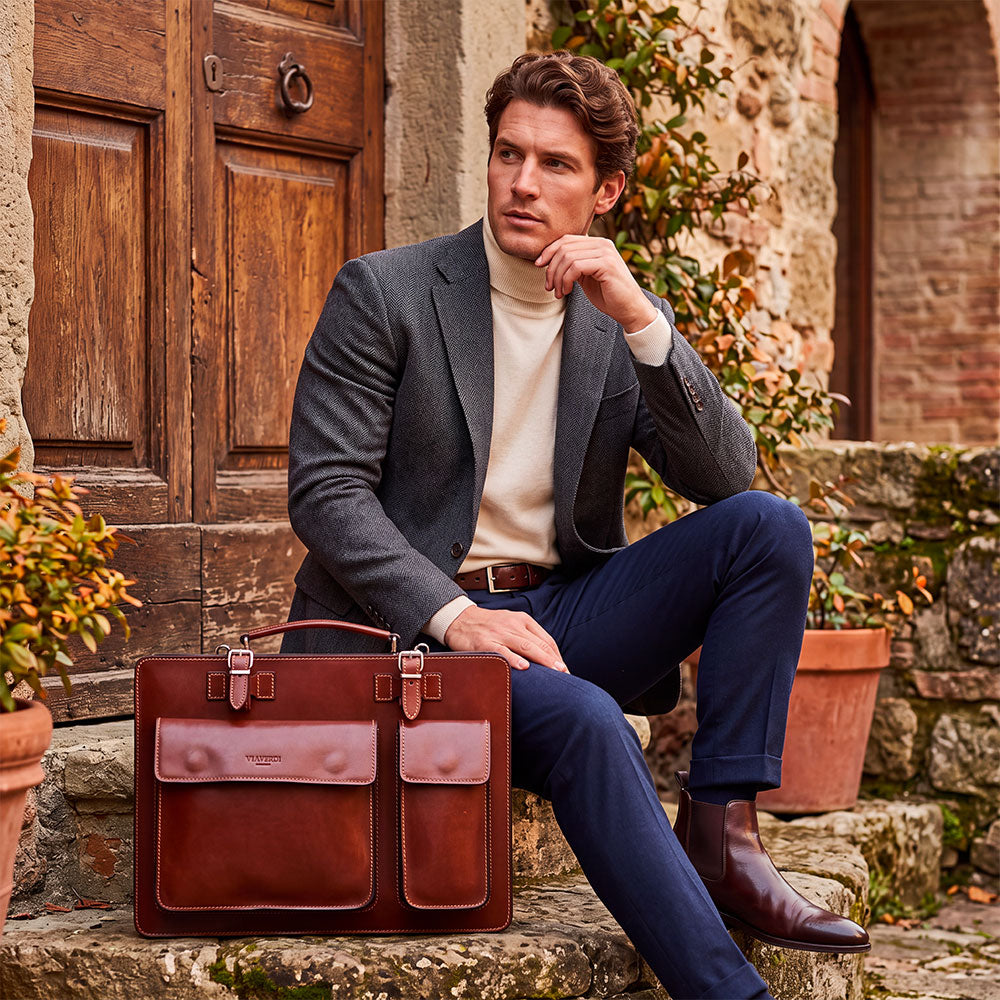 Borsa da Lavoro in Pelle Marrone VIAVERDI Made in Italy - Porta Ombrelli e Pc 15.6