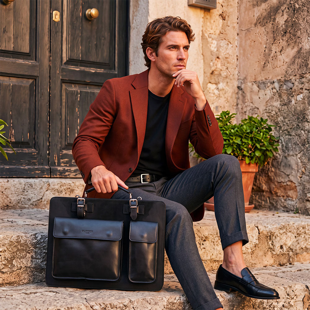 Borsa da Lavoro in Pelle Nera VIAVERDI Made in Italy - Porta Ombrelli e Pc 15.6
