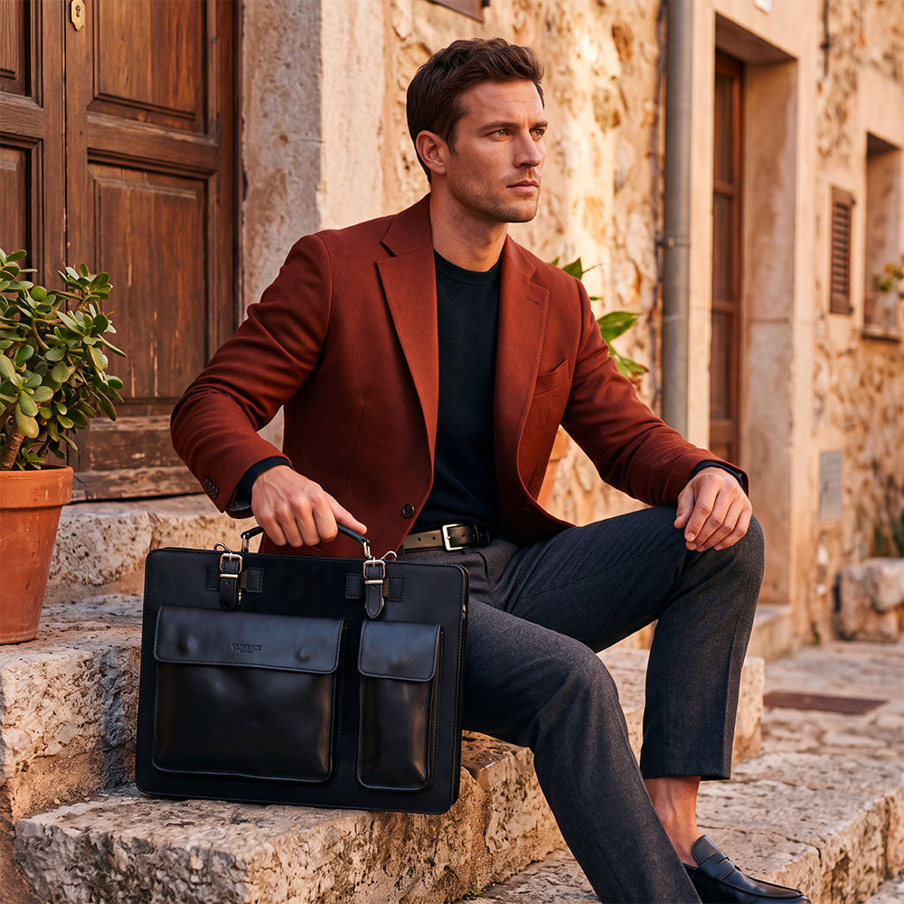 Borsa da Lavoro in Pelle Nera VIAVERDI Made in Italy - Porta Ombrelli e Pc 15.6