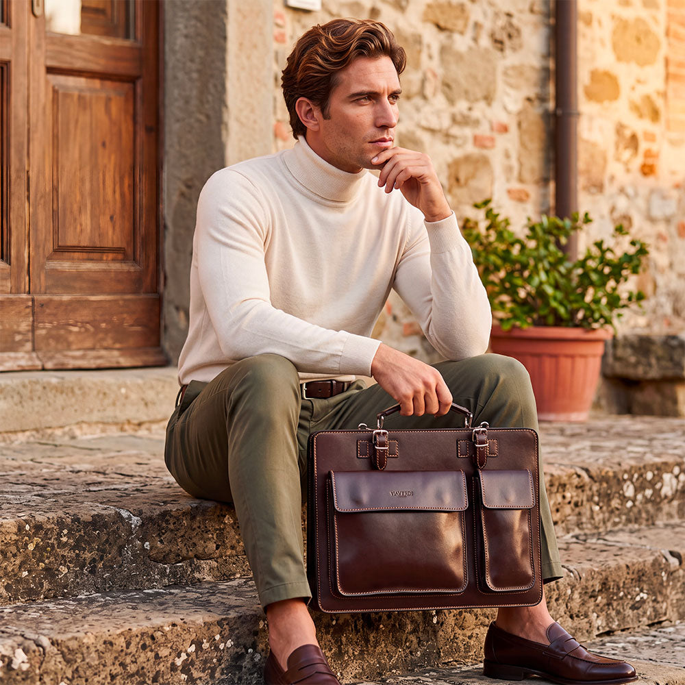 Borsa da Lavoro in Pelle Testa di Moro VIAVERDI Made in Italy - Porta Ombrelli e Pc 15.6