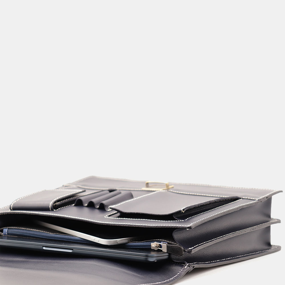 VIAVERDI Blue Leather Briefcase Made in Italy - 2 Gussets for 15.6" Laptops