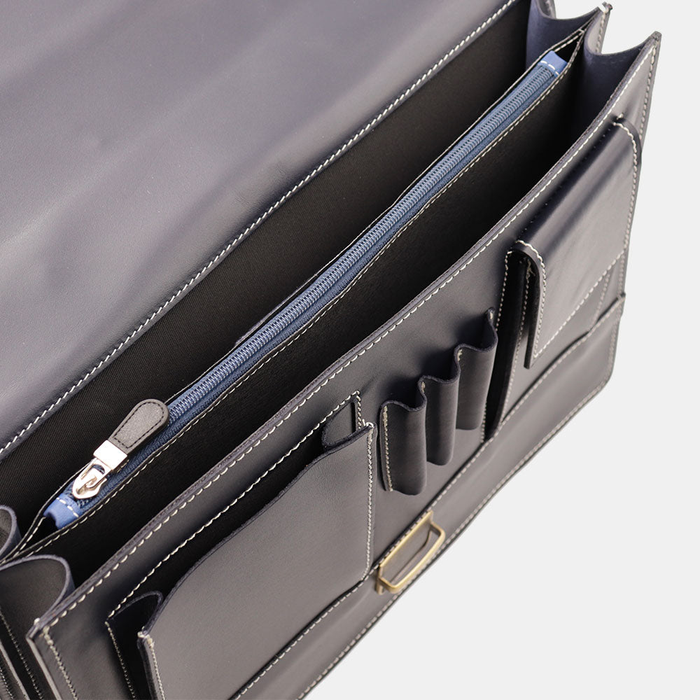 VIAVERDI Blue Leather Briefcase Made in Italy - 2 Gussets for 15.6" Laptops