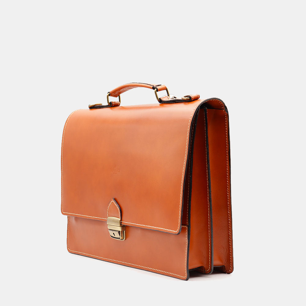 VIAVERDI Tan Leather Briefcase Made in Italy - 2 Gussets for 15.6" Laptops