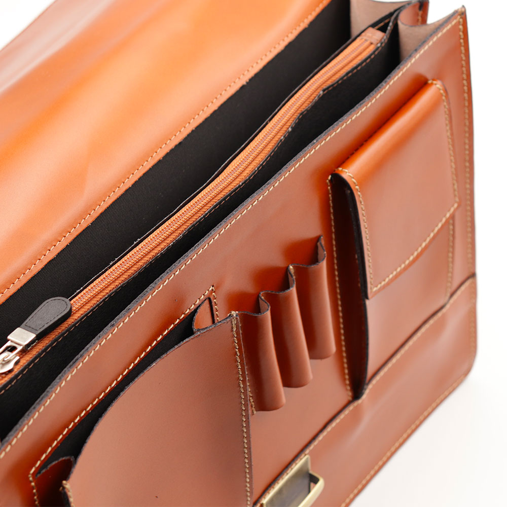 VIAVERDI Tan Leather Briefcase Made in Italy - 2 Gussets for 15.6" Laptops