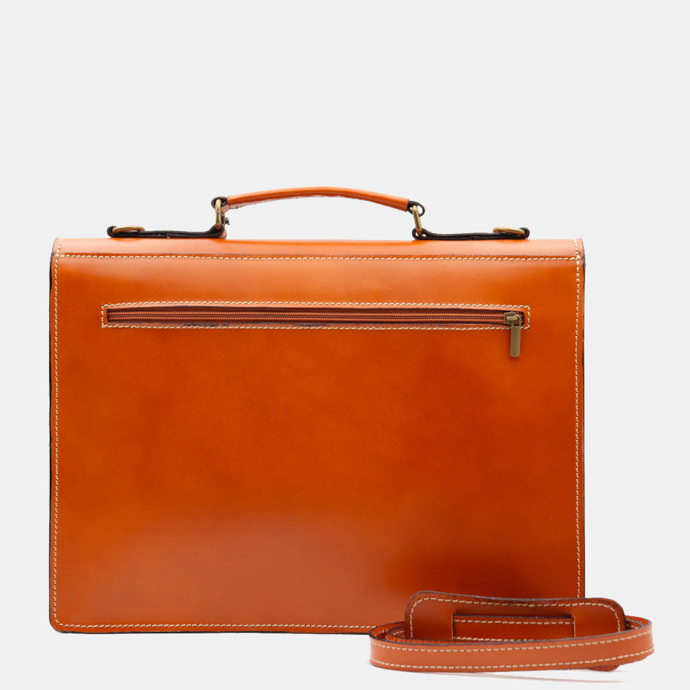 VIAVERDI Tan Leather Briefcase Made in Italy - 2 Gussets for 15.6" Laptops