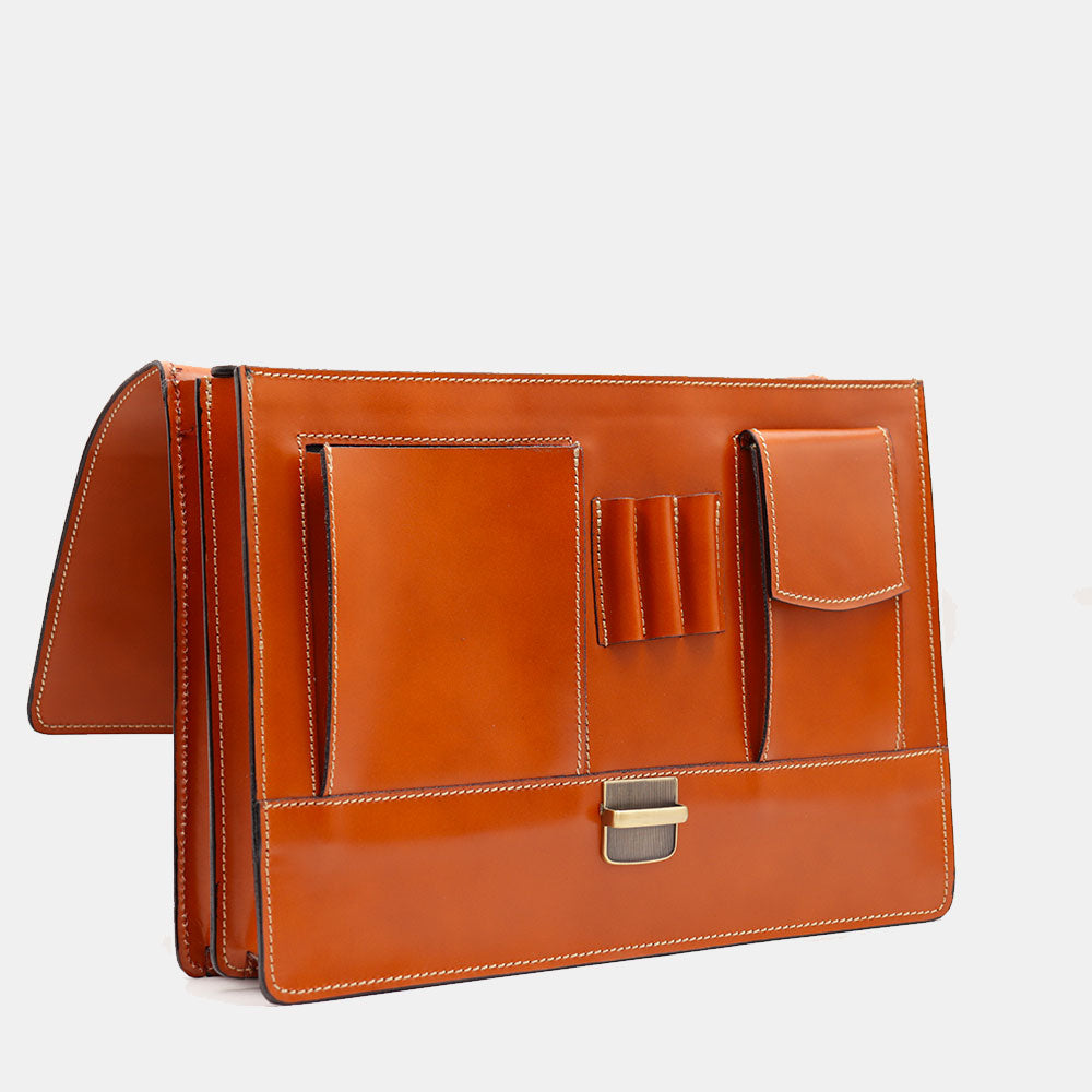 VIAVERDI Tan Leather Briefcase Made in Italy - 2 Gussets for 15.6" Laptops