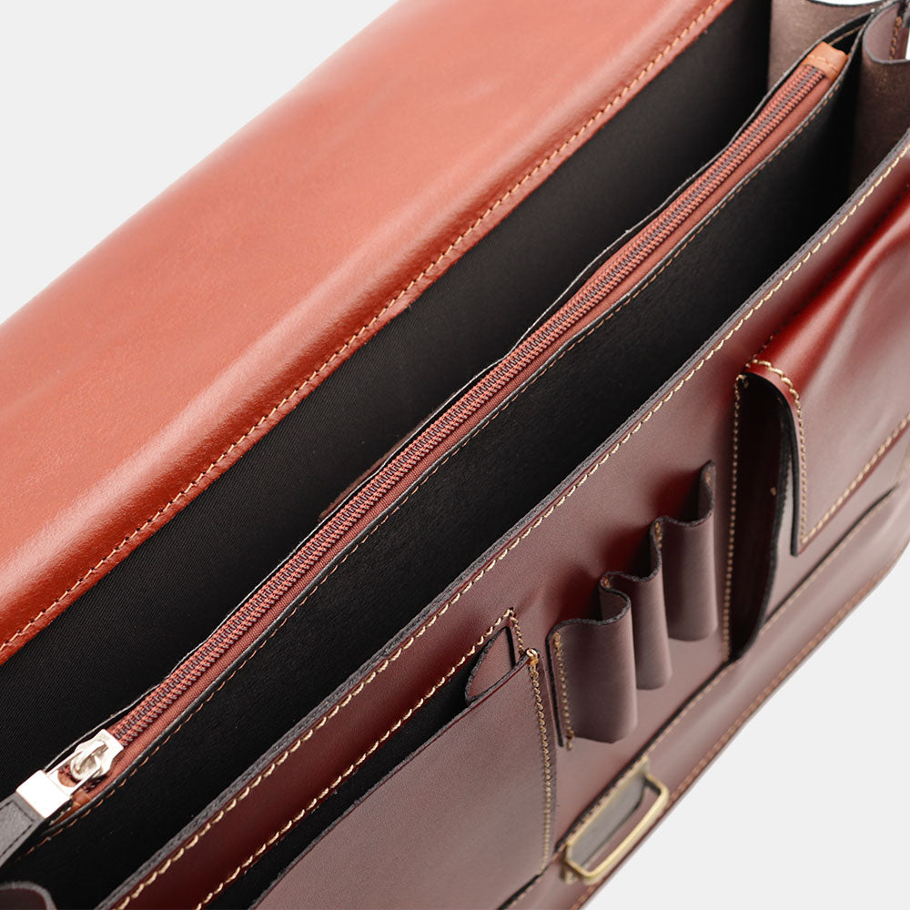 VIAVERDI Brown Leather Briefcase Made in Italy - 2 Gussets for 15.6" Laptops