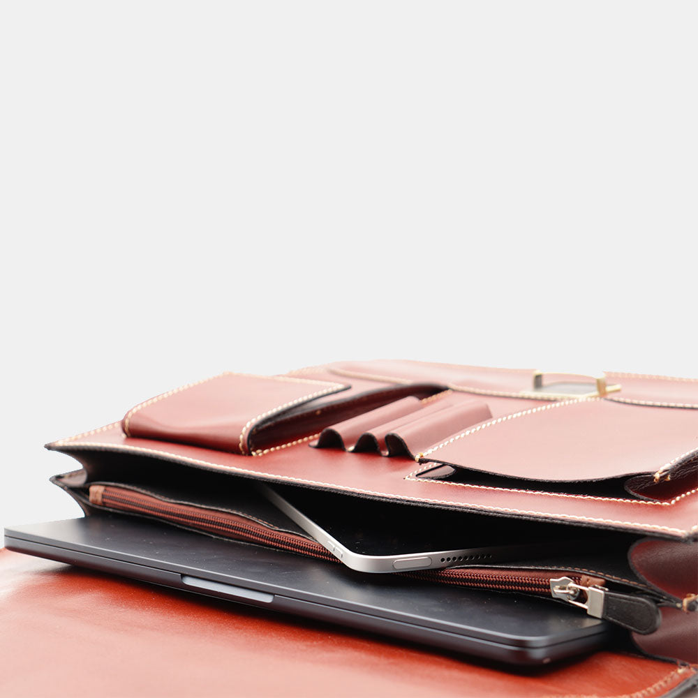 VIAVERDI Brown Leather Briefcase Made in Italy - 2 Gussets for 15.6" Laptops