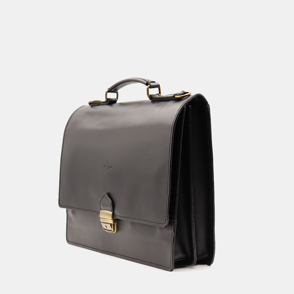 VIAVERDI Black Leather Briefcase Made in Italy - 2 Gussets for 15.6" Laptops