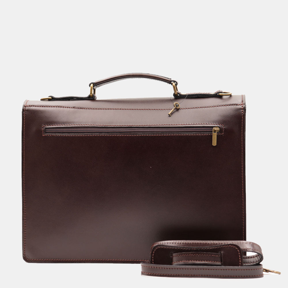 VIAVERDI Dark Brown Leather Briefcase Made in Italy - 2 Gussets for 15.6" Laptops