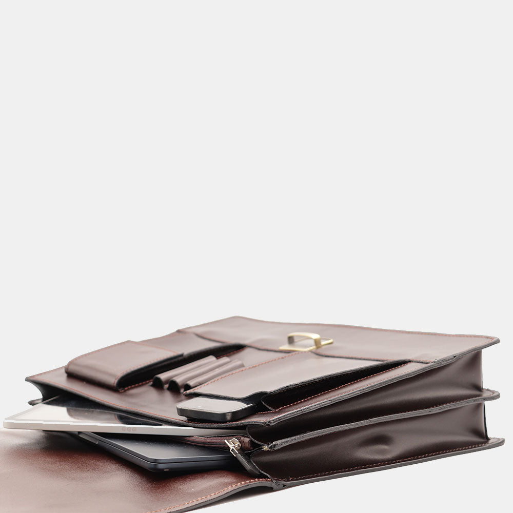 VIAVERDI Dark Brown Leather Briefcase Made in Italy - 2 Gussets for 15.6" Laptops