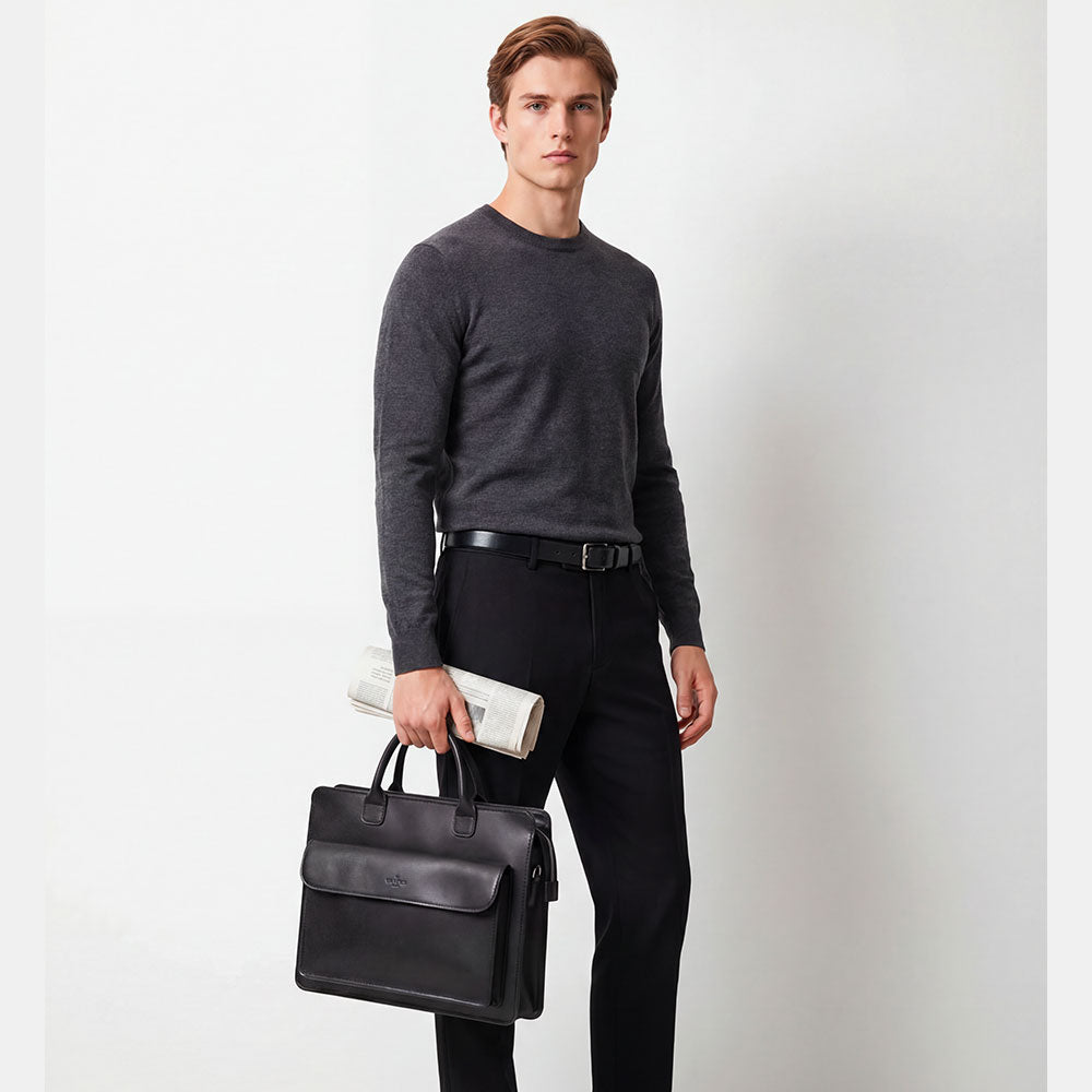 Cartella in Pelle Nera Doppio Manico VIAVERDI Made in Italy - 3 Soffietti Pc 15.6