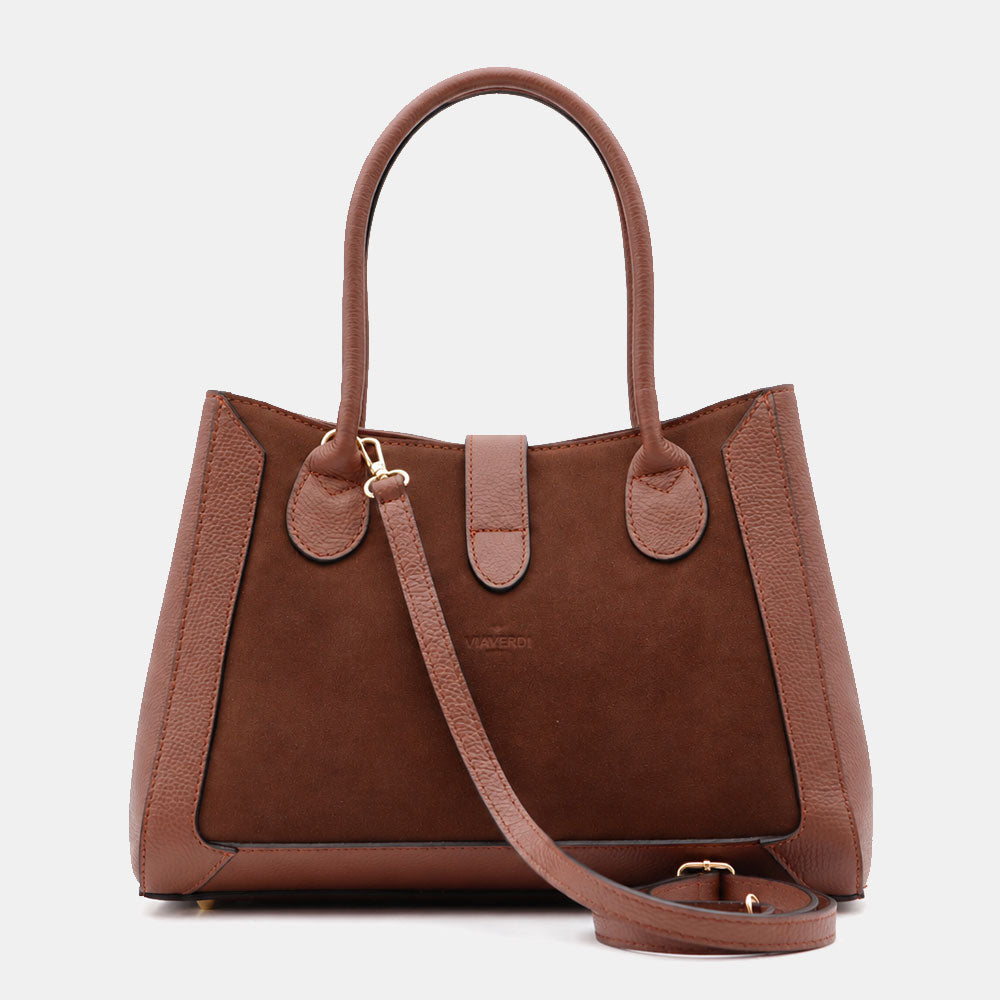 Borsa a Spalla VIAVERDI in Pelle e Camoscio Marrone Made in Italy linea Certaldo