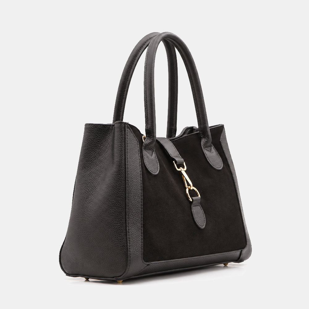 Borsa a Spalla VIAVERDI in Pelle e Camoscio Nera Made in Italy linea Certaldo