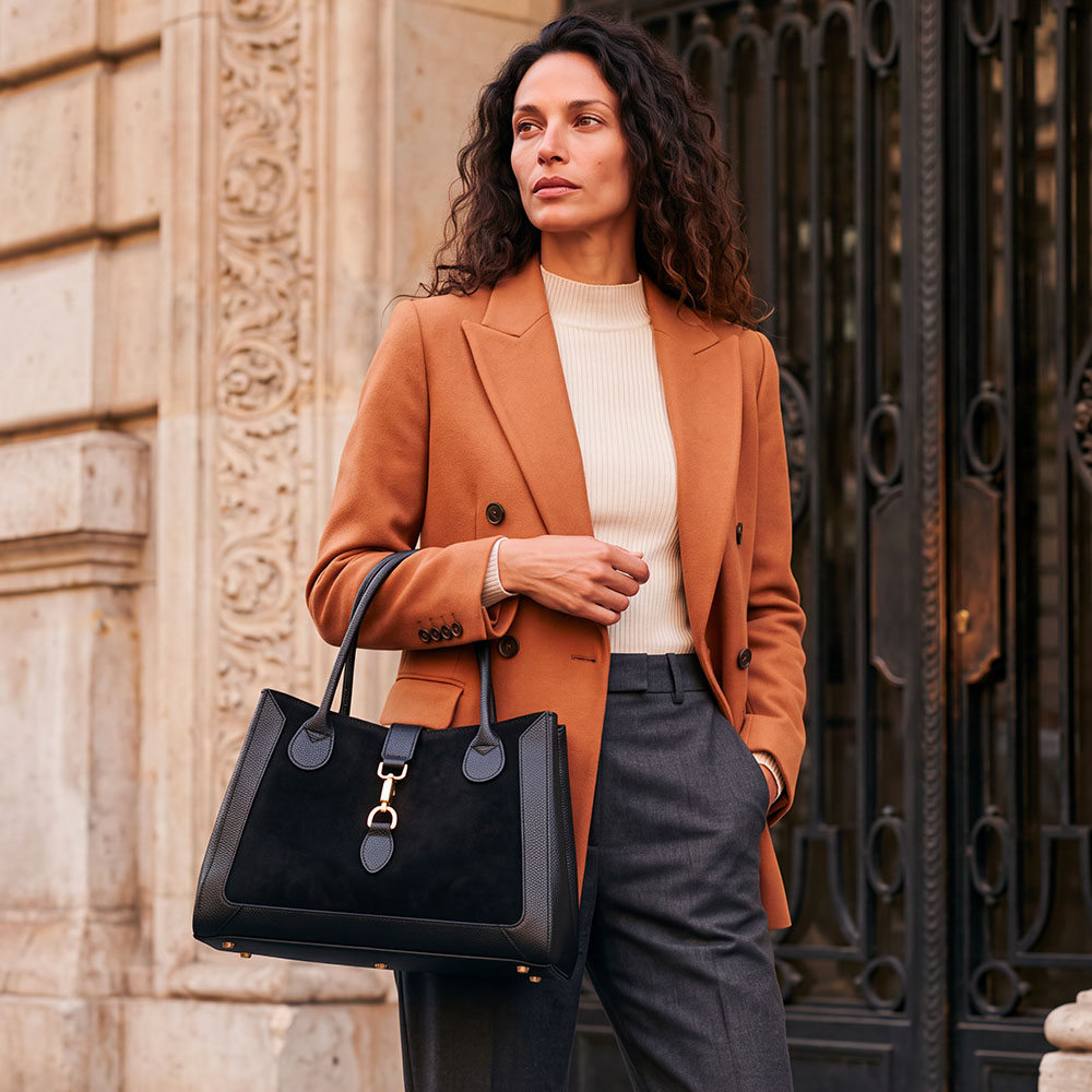 Borsa a Spalla VIAVERDI in Pelle e Camoscio Nera Made in Italy linea Certaldo