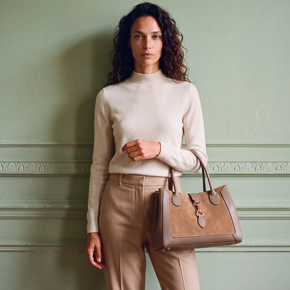 Borsa a Spalla VIAVERDI in Pelle e Camoscio Taupe Made in Italy linea Certaldo