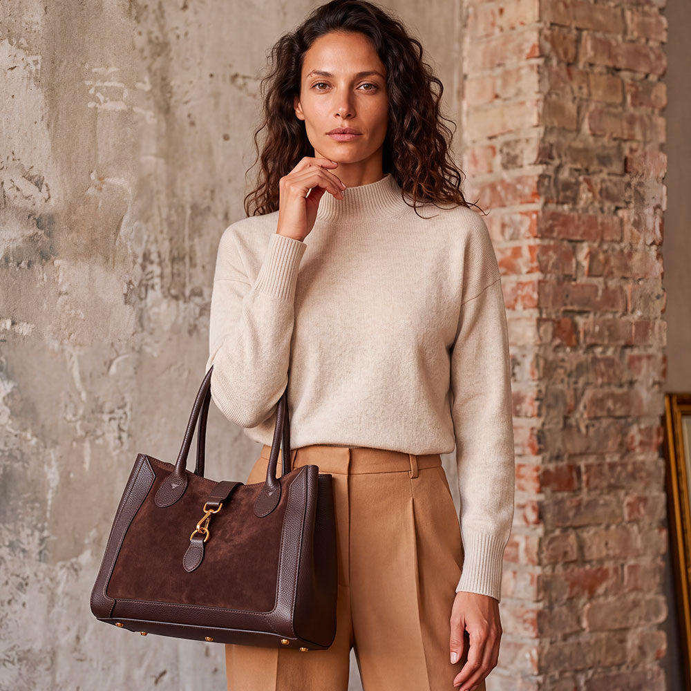 Borsa a Spalla VIAVERDI in Pelle e Camoscio Testa di Moro Made in Italy linea Certaldo