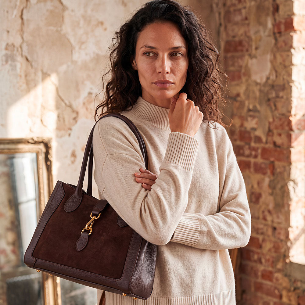 Borsa a Spalla VIAVERDI in Pelle e Camoscio Testa di Moro Made in Italy linea Certaldo