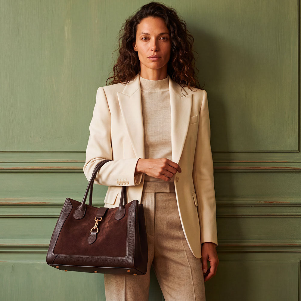Borsa a Spalla VIAVERDI in Pelle e Camoscio Testa di Moro Made in Italy linea Certaldo