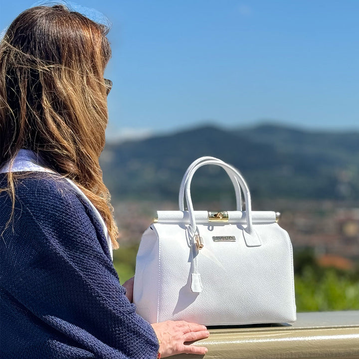 Borsa a Mano con Tracolla VIAVERDI in Pelle Bianca Made in Italy