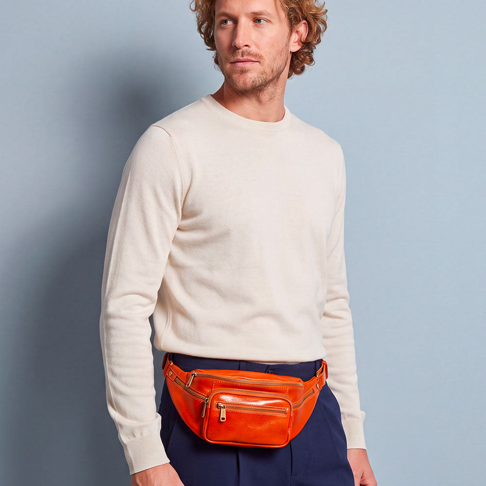 Leather Waist Bag in Tan Color, VIAVERDI, Made in Italy, Firenze Line.