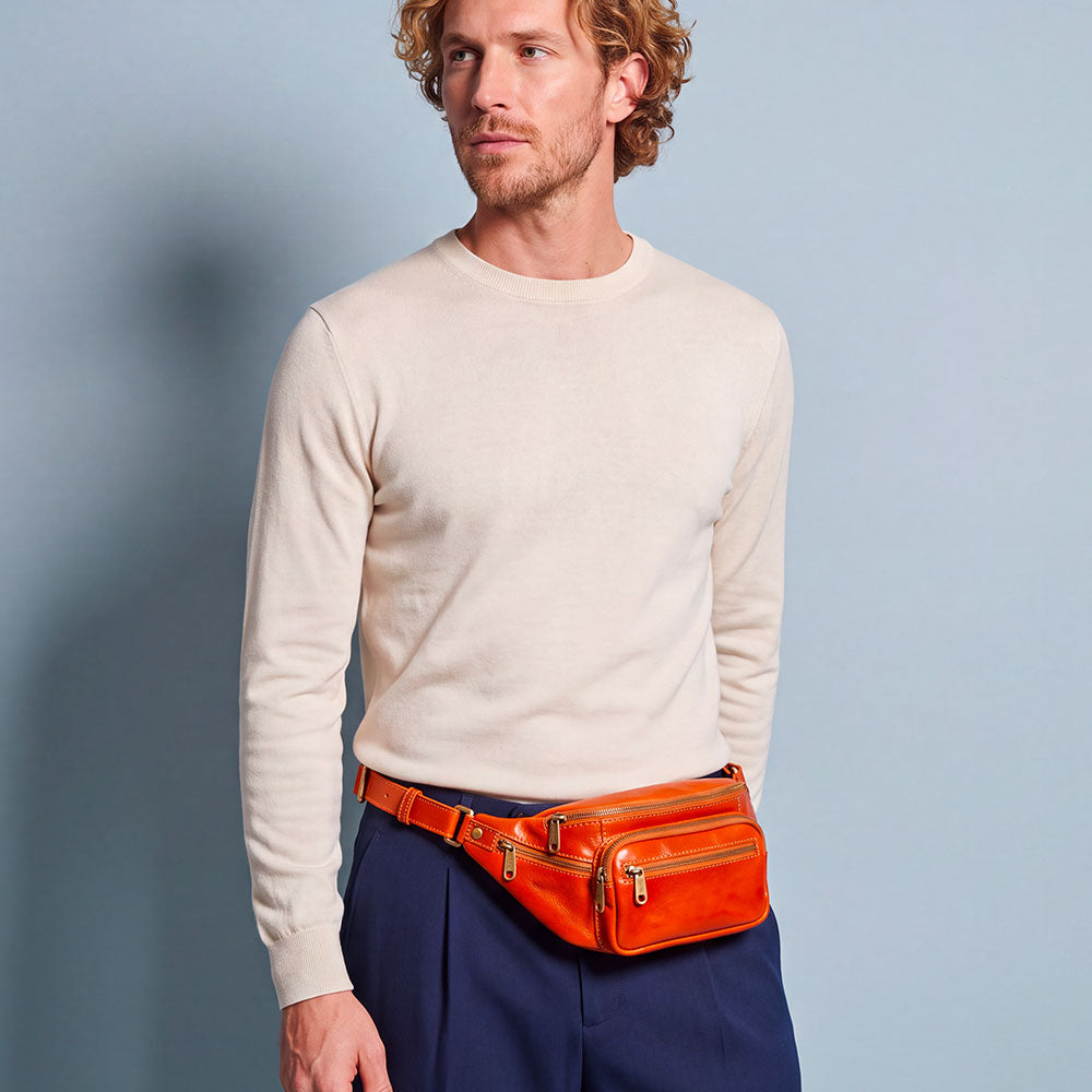 Leather Waist Bag in Tan Color, VIAVERDI, Made in Italy, Firenze Line.