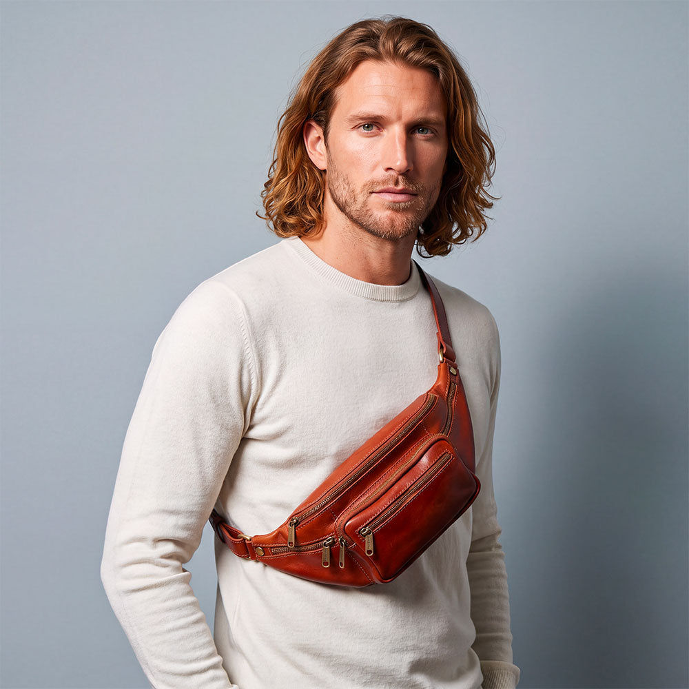 Brown Leather Fanny Pack by VIAVERDI, Made in Italy, Firenze line.