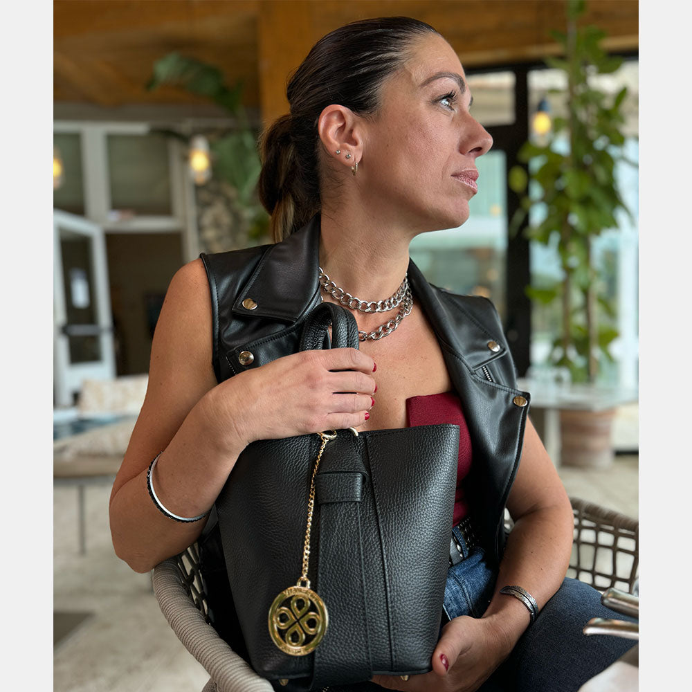 Borsa Secchiello con Pochette VIAVERDI in Pelle Nera Made in Italy linea Pienza