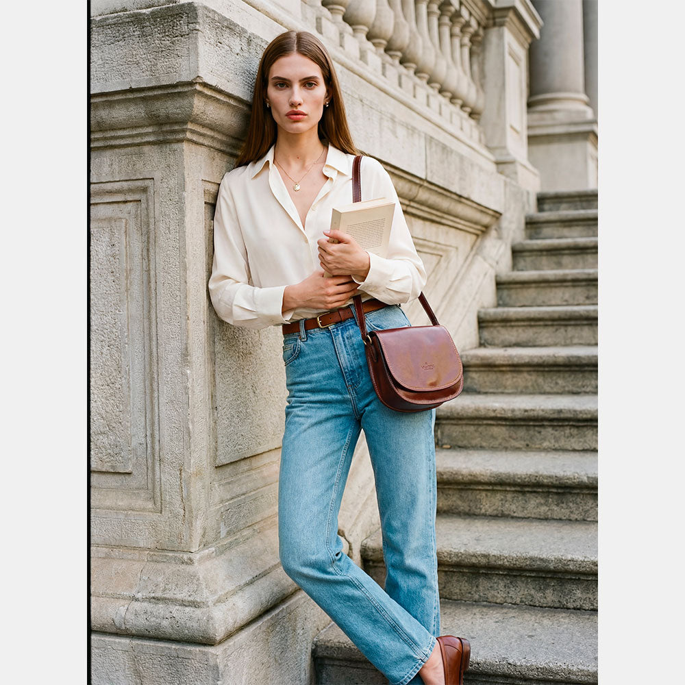 Borsa Tracolla VIAVERDI in Pelle Marrone Made in Italy linea Firenze