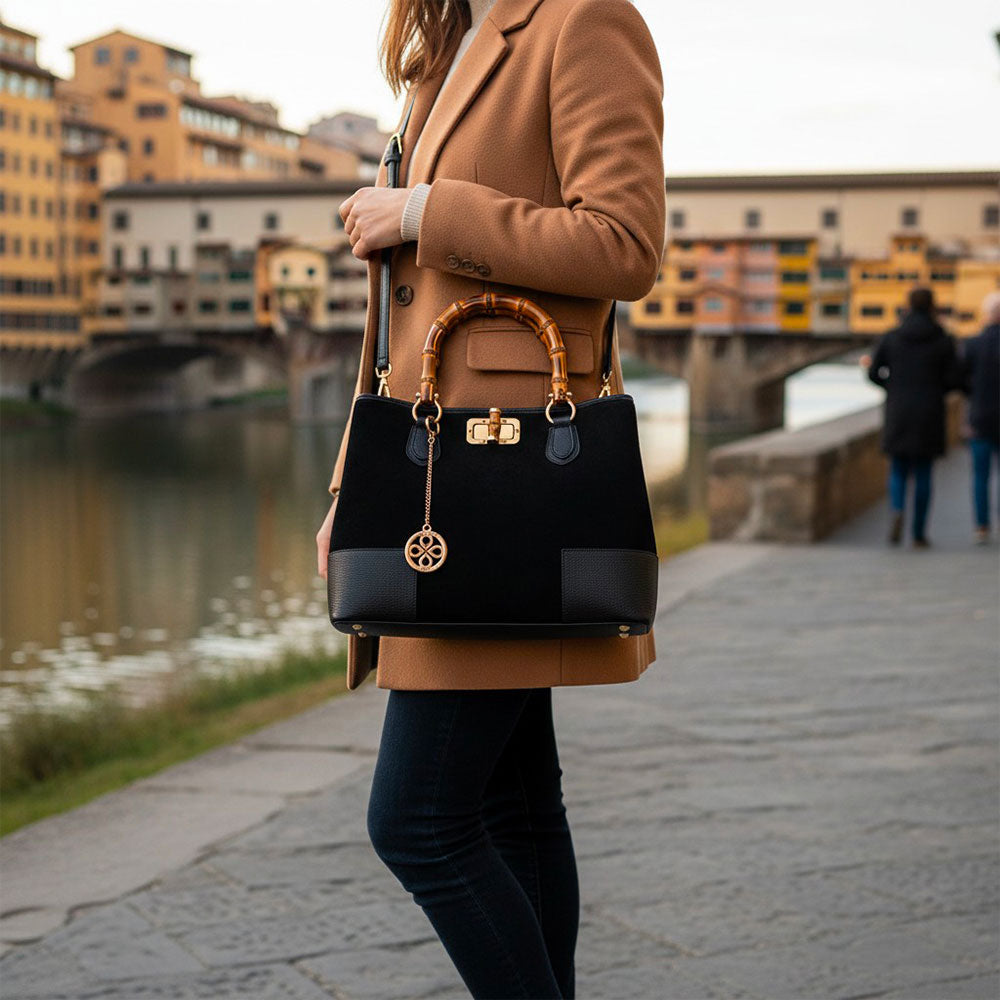 Borsa Grande a Mano VIAVERDI in Camoscio e Pelle Nera Made in Italy linea Volterra