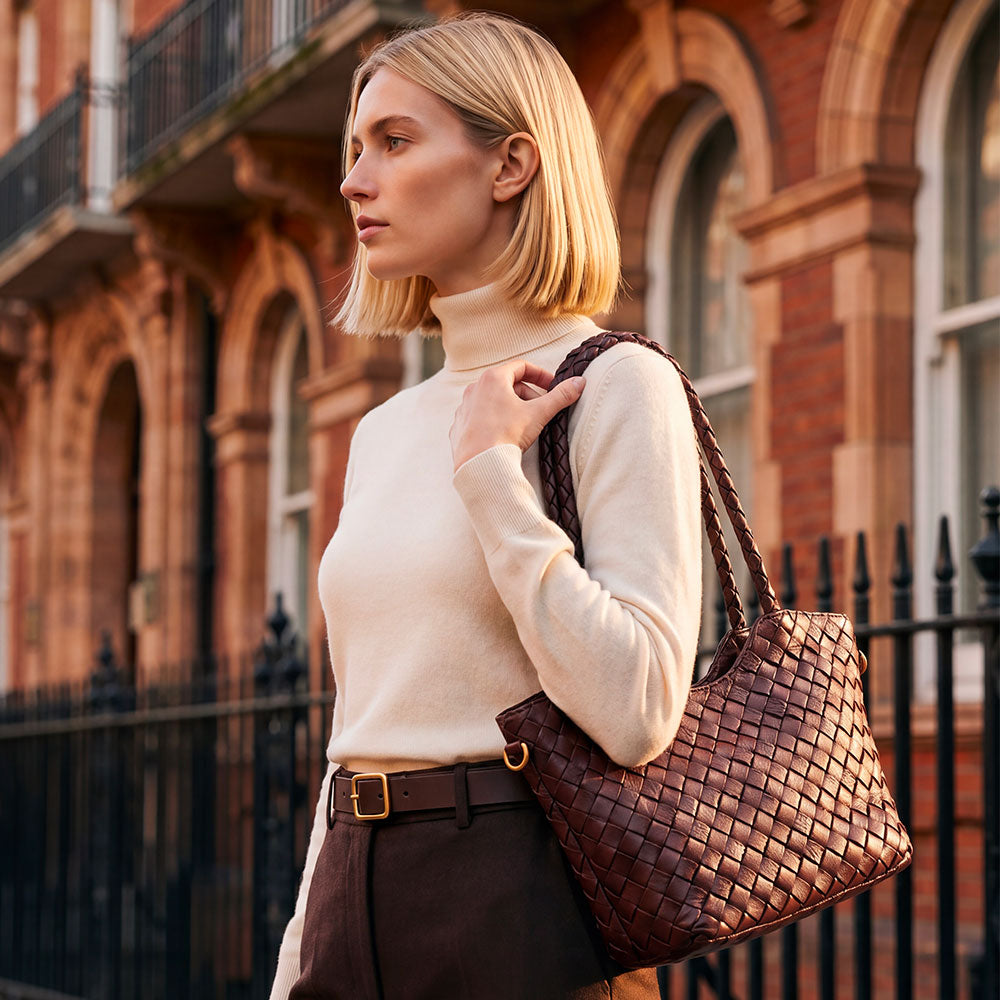 Borsa a Spalla VIAVERDI in Pelle Intrecciata Marrone Scuro Made in Italy linea Tuscany