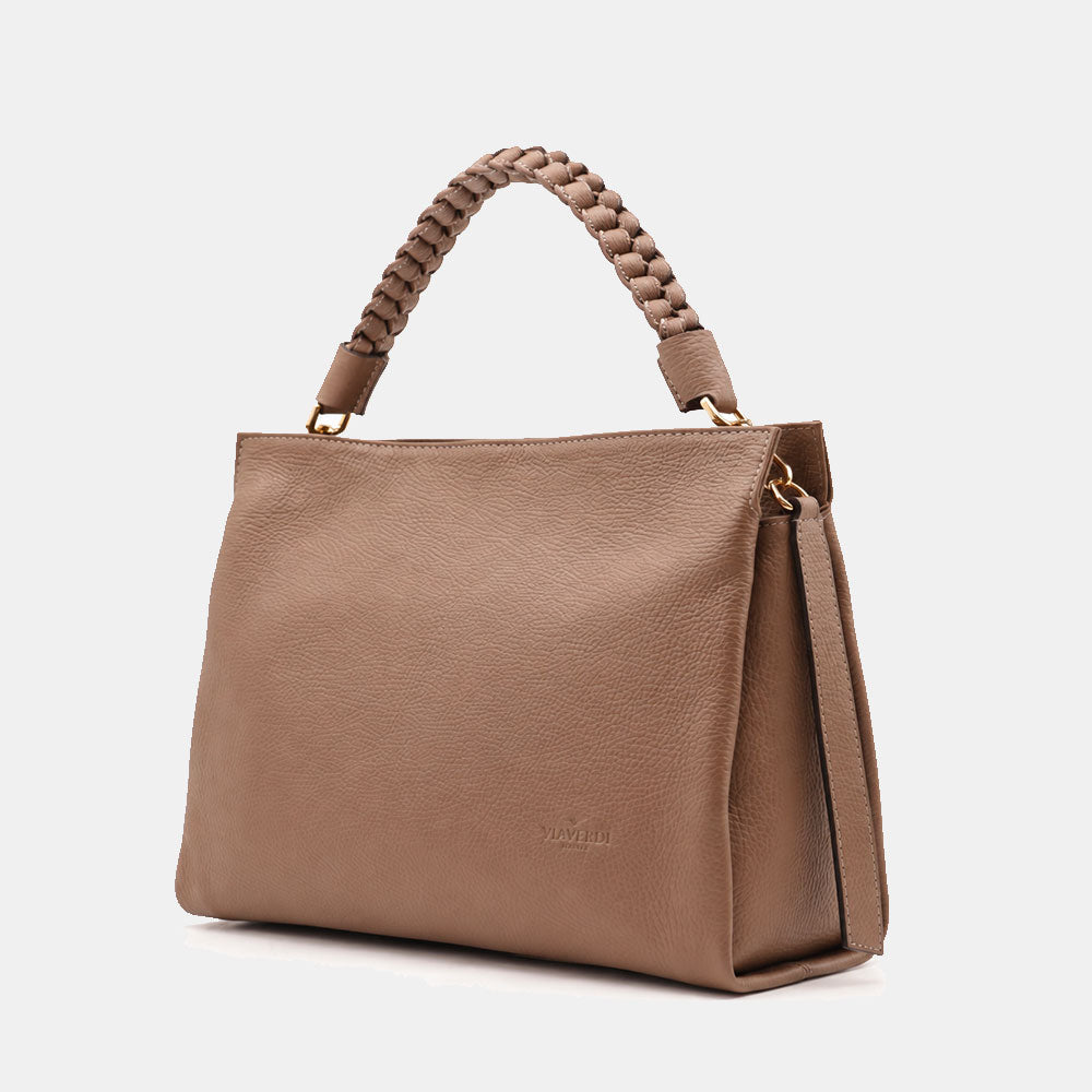 Borsa a Spalla in Pelle Taupe VIAVERDI Made in Italy linea Monteriggioni