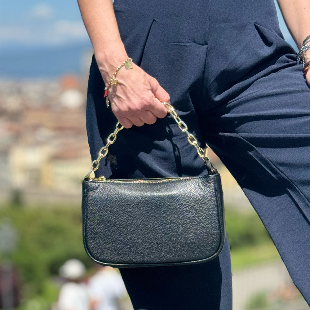 Borsa a Spalla in Pelle Nera con Tracolla VIAVERDI Made in Italy