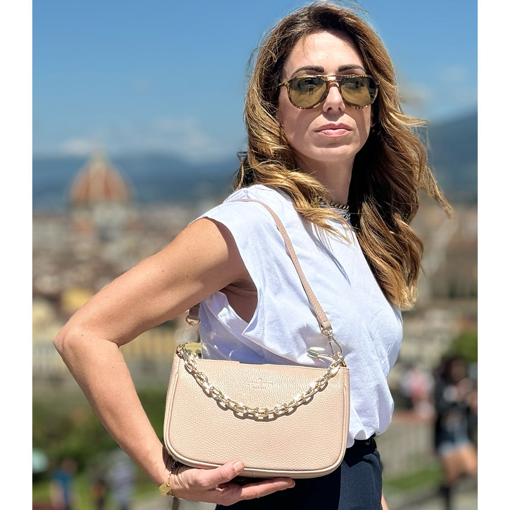Borsa a Spalla in Pelle Beige con Tracolla VIAVERDI Made in Italy